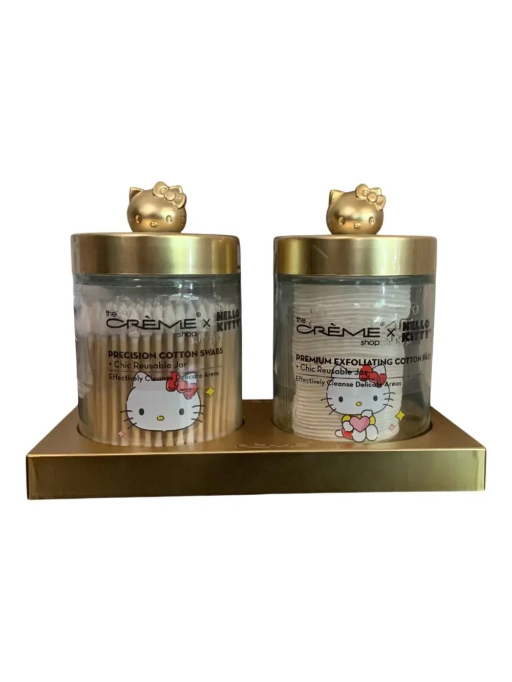 The Crème Shop x Hello Kitty Glass Jars & Base Set Cotton Pads & Swabs Gold New